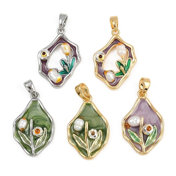 Латунь эмаль подвески, с натуральной жемчужиной, реальный 18 k позолоченный, самородки с цветочным шармом
