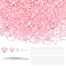 13461Pcs 9 Style ABS Plastic Imitation Pearl Cabochons, AB Color Plated, Half Round, 304 Stainless Steel Beading Tweezers, PVC Resealable Bags