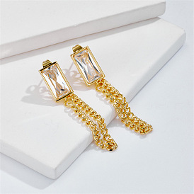 Geometric Square Zircon Inlaid Chain Earrings with 14K Gold Plated Copper Tassels for Women