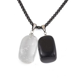304 Stainless Steel Box Chains, Natural Black Agate ans Quartz Crystal Pendant Necklaces