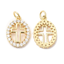 Brass Micro Pave Clear Cubic Zirconia Pendants, with Jump Ring, Oval with Cross Charms