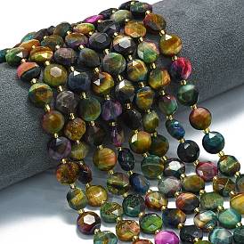 Натуральные нити из окрашенных тигровым глазом бусин, граненый шестиугольный разрез, плоско-круглые, с бисером