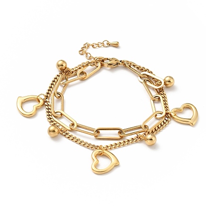Heart and Round Ball Charm Multi-strand Bracelet, Vacuum Plating 304 Stainless Steel Double Layered Chains Bracelet for Women