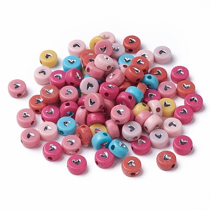 Opaque Acrylic Beads, Flat Round with Heart