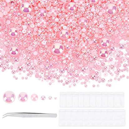 13461Pcs 9 Style ABS Plastic Imitation Pearl Cabochons, AB Color Plated, Half Round, 304 Stainless Steel Beading Tweezers, PVC Resealable Bags