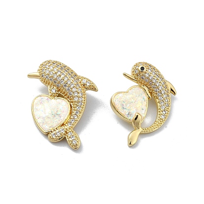 Brass Micro Pave Clear Cubic Zirconia Pendants, Cadmium Free & Lead Free, with Sythetic Opal, Dolphin and Heart
