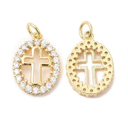 Brass Micro Pave Clear Cubic Zirconia Pendants, with Jump Ring, Oval with Cross Charms