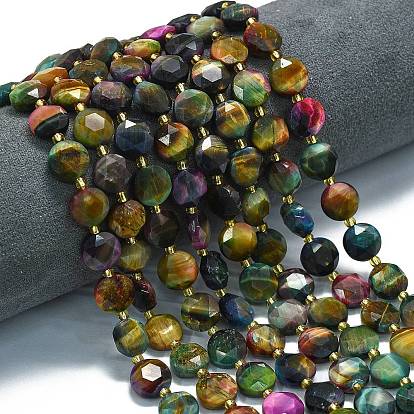 Натуральные нити из окрашенных тигровым глазом бусин, граненый шестиугольный разрез, плоско-круглые, с бисером