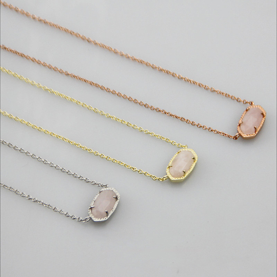Ожерелья с подвеской в форме овала из натурального розового кварца с латунным паве для женщин