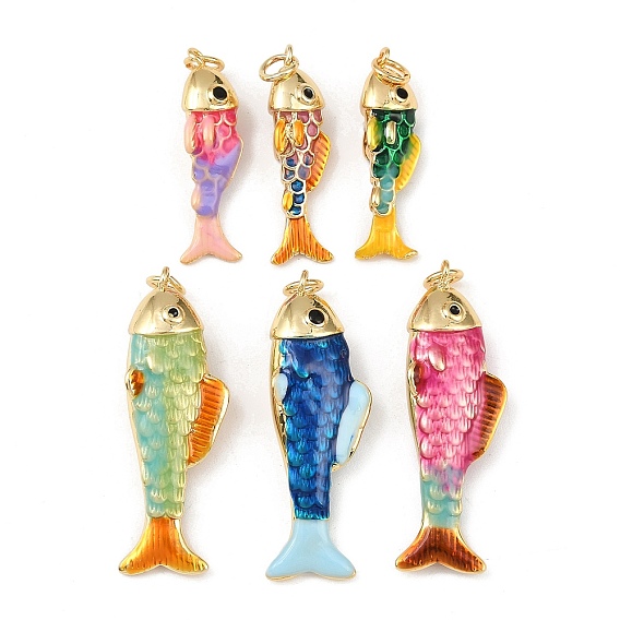 Латунь эмаль подвески, рыба, с прыжковых колец, без свинца и без кадмия, долговечный, стойки покрытие, реальный 18 k позолоченный