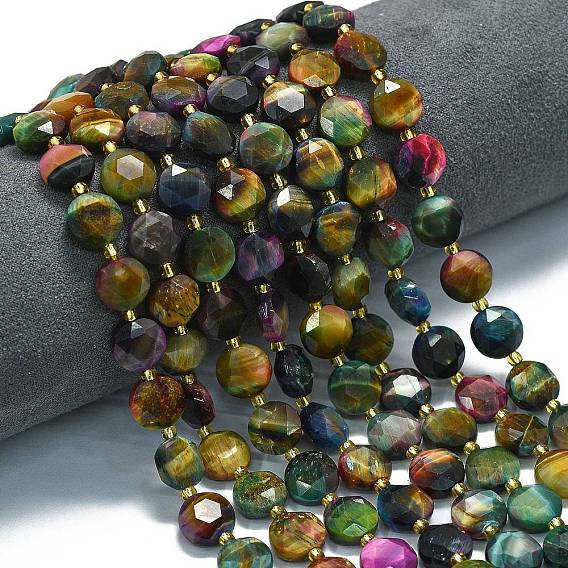 Натуральные нити из окрашенных тигровым глазом бусин, граненый шестиугольный разрез, плоско-круглые, с бисером