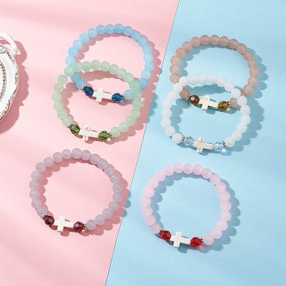 6шт. круглых эластичных браслетов из искусственного нефрита, окрашенных распылением, крестик, с синтетической бирюзой и бусинами из сплава
