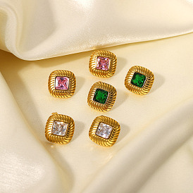 Colorful Cubic Zirconia Earrings with 18K Gold Plated Square Button, Stainless Steel Studs for Women