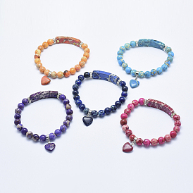 Natural Aqua Terra Jasper & Regalite/Imperial Jasper/Sea Sediment Jasper Stretch Charm Bracelets, Heart