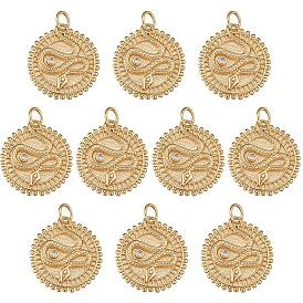 10Pcs Brass Micro Pave Clear Cubic Zirconia Pendants, with Jump Rings, Long-Lasting Plated, Flat Round with Snake