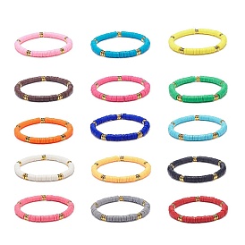 15 pcs 15 ensemble de bracelets extensibles en argile polymère et disque en laiton faits à la main, bracelets preppy empilables pour femmes
