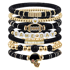 8Pcs 1Bag Rugby Polymer Clay Heishi & CCB Plastic Beaded Stretch Bracelets Set, Alloy Charm Jewelry for Women, Golden