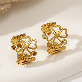 304 Stainless Steel Pave Cubic Zirconia Cuff Open Rings, Clover