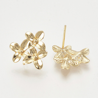 (Same Sku: KK-I622-48G-NF)Brass Stud Earring Findings, with Loop, Flower, Nickel Free