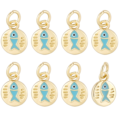 8шт. плоская круглая подставка с покрытием из латуни и эмалью, украшенная подвесками в виде рыбок, с целью перехода в кольце, долговечный, без свинца и без кадмия