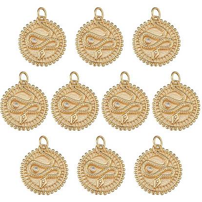 10Pcs Brass Micro Pave Clear Cubic Zirconia Pendants, with Jump Rings, Long-Lasting Plated, Flat Round with Snake