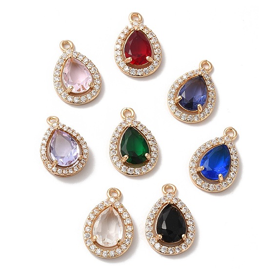 Латунные микропаве прозрачные подвески с фианитом, со стеклом, слеза, золотые