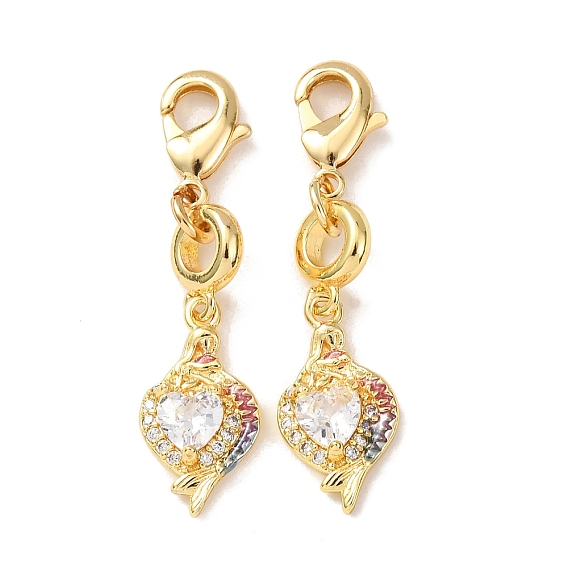 Декоративные подвески из латуни с микропаве в виде рыбок и прозрачными кубическими циркониями., с застежкой омар, стойки покрытие, долговечный, без кадмия и без свинца