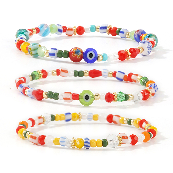 3pcs 3 styles ensembles de bracelets extensibles bohèmes faits main en verre et fil de verre avec œil protecteur, bracelets empilables réglables pour femmes