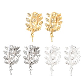 Brass Micro Pave Cubic Zirconia Huggie Hoop Earring Findings, Leaf, for Half Drilled Beads, Rack Plating, Long-lasting Plated