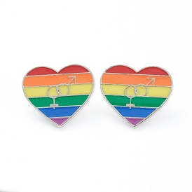 Alloy Pride Enamel Brooches, Enamel Pin, with Butterfly Clutches, Rainbow Heart with Male & Female Symbol, Platinum
