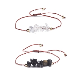 2Pcs 2 Style Natural Mixed Stone Chips Beaded Bracelets Set with Brass Beads, Adjustable Bracelets for Women