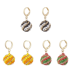 Handmade MIYUKI Japanese Seed Braided Round Ball Dangle Leverback Earrings, Real 18K Gold Plated Brass Jewelry for Women