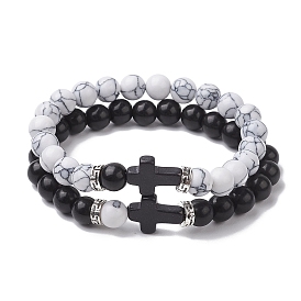 2Pcs 2 Styles 8mm Round Synthetic Howlite & Turquoise Beaded Stretch Bracelet Sets, Cross Stackable Bracelets for Women