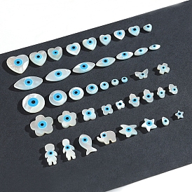 Natural White Shell Beads, with Enamel, Cultured Freshwater Shell Evil Eye Beads, Sky Blue
