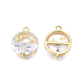 Brass Pave Clear Cubic Zirconia Pendants, Nickel Free, Flat Round with Star & Moon