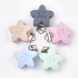 Mother's Day Theme, Food Grade Eco-Friendly Silicone Baby Pacifier Holder Clips, with 304 Stainless Steel Clips, Star with Word I Love Mom, Stainless Steel Color