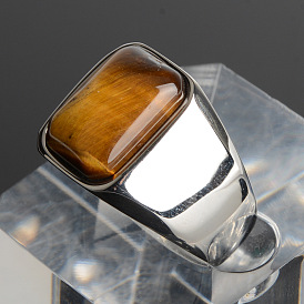 Rectangle Natural Tiger Eye Finger Ring, Stainless Steel Jewelry