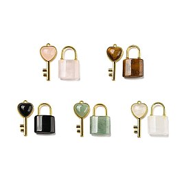 Natural Gemstone Pendants, Heart Key & Lock Charms with Golden Plated Alloy Findings