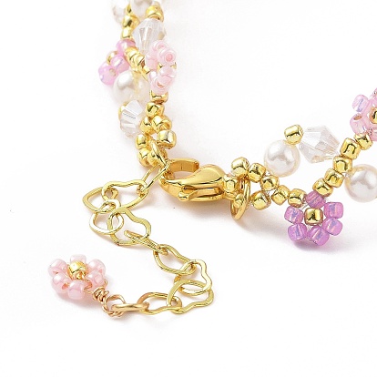 Shell Pearl & Glass Beaded Bracelets, Braided Lilac & Pink Flower Bracelets for Women, with Brass Chain Extender & Lobster Claw Clasp