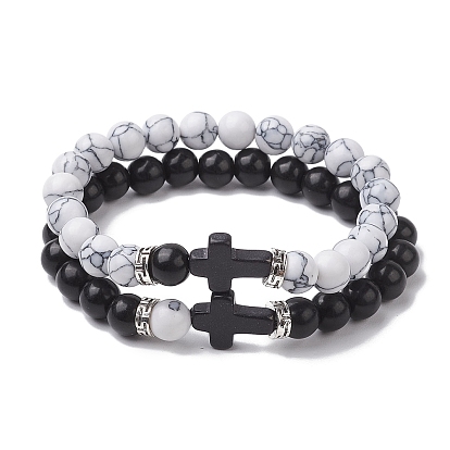 2Pcs 2 Styles 8mm Round Synthetic Howlite & Turquoise Beaded Stretch Bracelet Sets, Cross Stackable Bracelets for Women