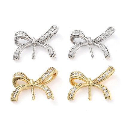 Rack Plating Brass Micro Pave Clear Cubic Zirconia Pendants, Long-Lasting Plated, Cadmium Free & Lead Free, Bowknot