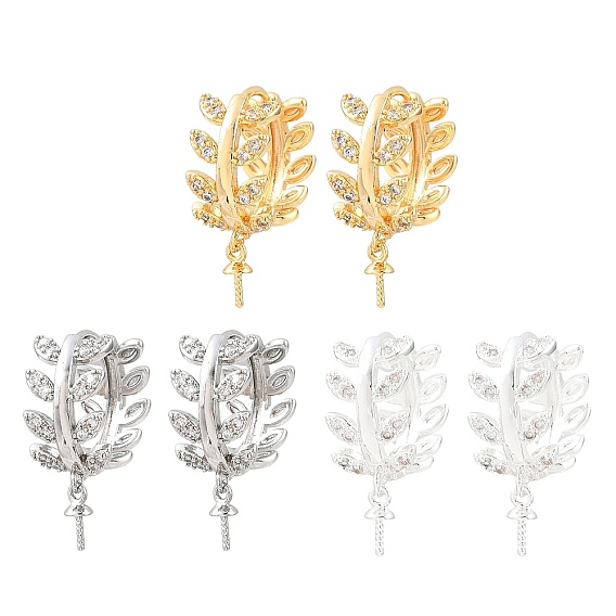 Laiton micro pavé zircon cubique huggie hoop boucle d'oreille conclusions, feuille, pour la moitié de perles percées, crémaillère plaquage, plaqué longue durée