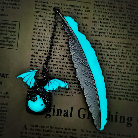 Luminous Brass Feather Bookmark, Dragon Pendant Bookmark, Glow in The Dark