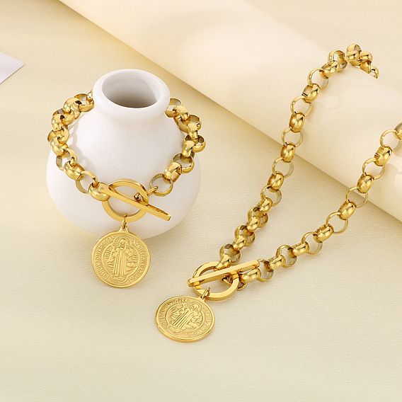 Плоский круглый со святым Бенедиктом 304 ожерелье из нержавеющей стали с подвеской-цепочкой «роло» и браслеты с подвесками