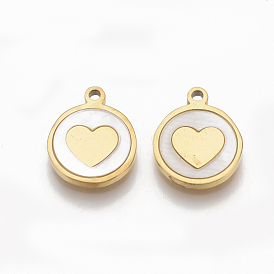 304 Stainless Steel Charms, with Shell, Flat Round with Heart