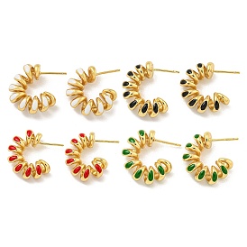 Rack Plating Brass Stud Earrings, with Enamel, Cadmium Free & Lead Free, Long-Lasting Plated, Real 18K Gold Plated, Curved line