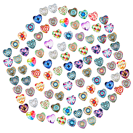 PandaHall Elite 120Pcs Glass Cabochons, Heart with Floral Pattern Pattern