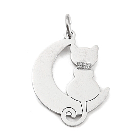304 Stainless Steel Pendants, with Jump Ring and Glitter, Stamping Blank Tag, Moon with Cat Charm