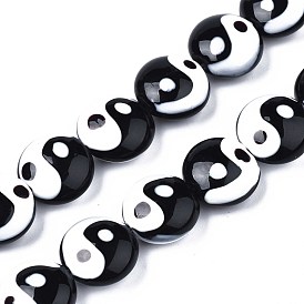 Handmade Lampwork Beads Strands, Flat Round with Tai Ji