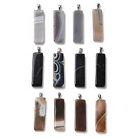 Natural Agate Pendants, Rectangle Charms with Platinum Plated Iron Snap on Bails